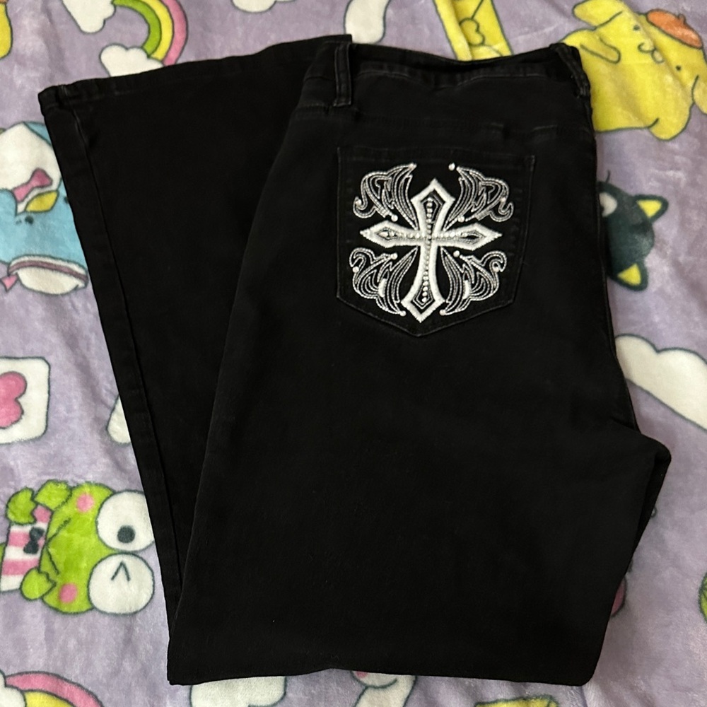 Black Flare & Wide Leg Jeans with Embroidered Pocket